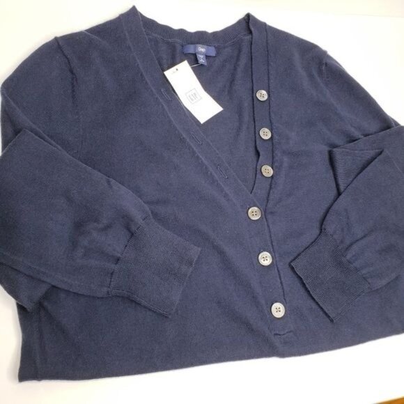 GAP Navy V-Neck Button Front Silk Blend Pullover Sweater - Picture 4 of 7